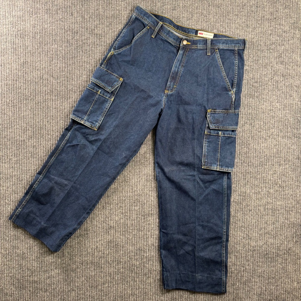 Wrangler Cargo Jeans Mens 36x27 Relaxed Fit Utility Workwear Denim‎ Pants Blue